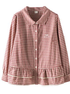 Plus Size Women'S Plaid Long Sleeved Shirt Peter Pan Collar Long Sleeves Designer Single Breasted Embroidered Casual Shirt