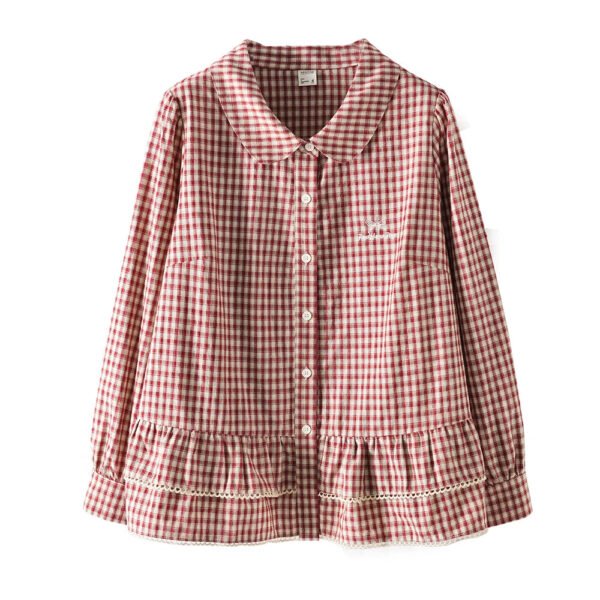 Plus Size Women'S Plaid Long Sleeved Shirt Peter Pan Collar Long Sleeves Designer Single Breasted Embroidered Casual Shirt