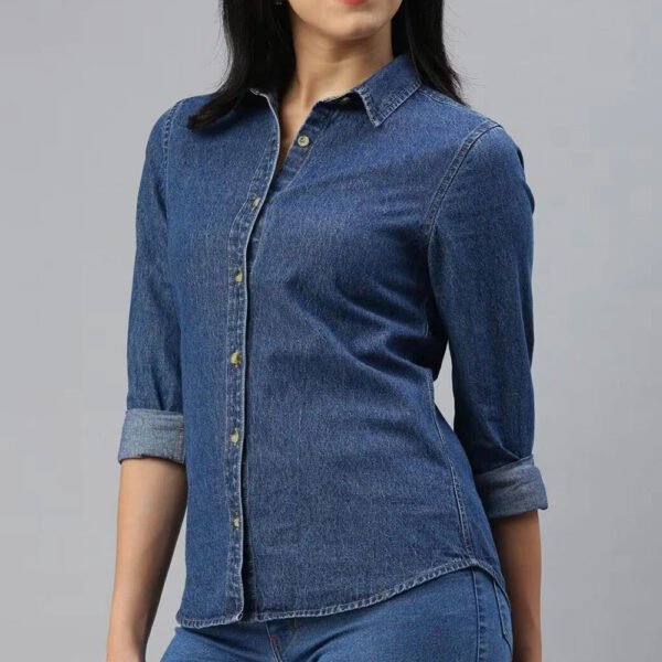 Women Casual Plaid Denim Shirt With Neat Stitching Curved Hem Breathable Moisture Wicking Eco Friendly Fabric For Summer Comfort