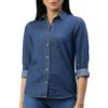 Women Casual Plaid Denim Shirt With Neat Stitching Curved Hem Breathable Moisture Wicking Eco Friendly Fabric For Summer Comfort