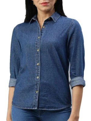 Women Casual Plaid Denim Shirt With Neat Stitching Curved Hem Breathable Moisture Wicking Eco Friendly Fabric For Summer Comfort
