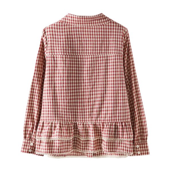 Plus Size Women'S Plaid Long Sleeved Shirt Peter Pan Collar Long Sleeves Designer Single Breasted Embroidered Casual Shirt