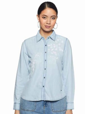 Latest Design Professional Made Women Denim Shirt Printed High Quality Proper Design Women Denim Shirt