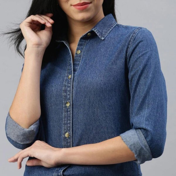 Women Casual Plaid Denim Shirt With Neat Stitching Curved Hem Breathable Moisture Wicking Eco Friendly Fabric For Summer Comfort