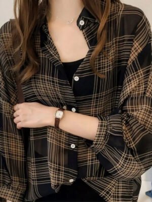 Women Loose Plaid Print Irregular Hem Long Sleeve Lapel Button Casual Shirt Tops