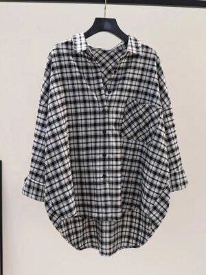 Summer New Large Size Loose Waist Long Sleeve Plaid Shirt Ladies' Blouses