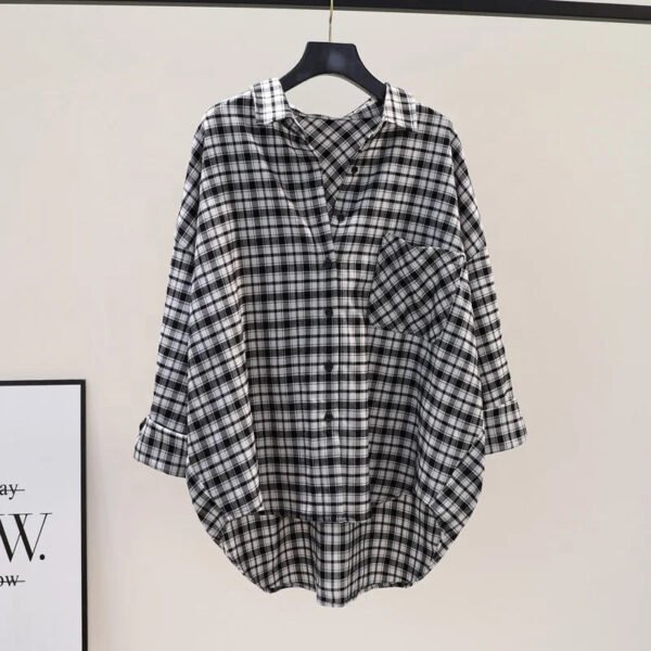Summer New Large Size Loose Waist Long Sleeve Plaid Shirt Ladies' Blouses