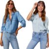Autumn Women'S Casual Turn Collar Single Breasted Pure Color Long Sleeve Denim Shirt Fashionable Trendy Commuting Denim Top