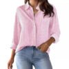 Striped Women'S Loose Fitting Button Down Shirt Casual Woven Long Sleeve Collared Top