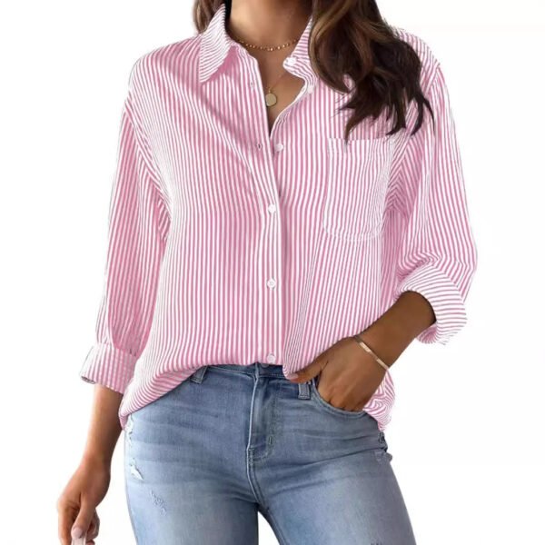 Striped Women'S Loose Fitting Button Down Shirt Casual Woven Long Sleeve Collared Top
