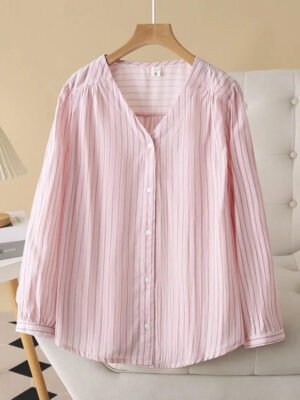 Women'S Striped Print V Neck Plus Size Casual Shirt For Office Commuting Fashionable And Versatile For Spring Season