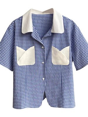 Retro Plaid Short Sleeved Shirt Women Summer College Style Loose Lapel Shirt