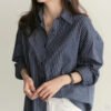 Women Spring And Autumn Cotton Striped Blouse Shirts Loose Casual Long Sleeve Women Shirt Lapel V Neck Button Casual Shirt