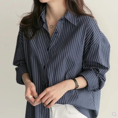 Women Spring And Autumn Cotton Striped Blouse Shirts Loose Casual Long Sleeve Women Shirt Lapel V Neck Button Casual Shirt