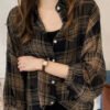 Women Loose Plaid Print Irregular Hem Long Sleeve Lapel Button Casual Shirt Tops