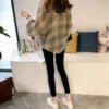 Women Loose Plaid Print Irregular Hem Long Sleeve Lapel Button Casual Shirt Tops