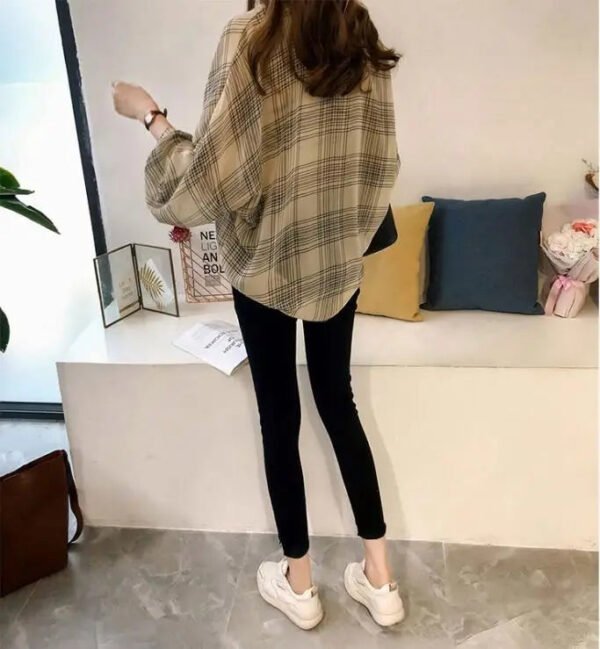 Women Loose Plaid Print Irregular Hem Long Sleeve Lapel Button Casual Shirt Tops