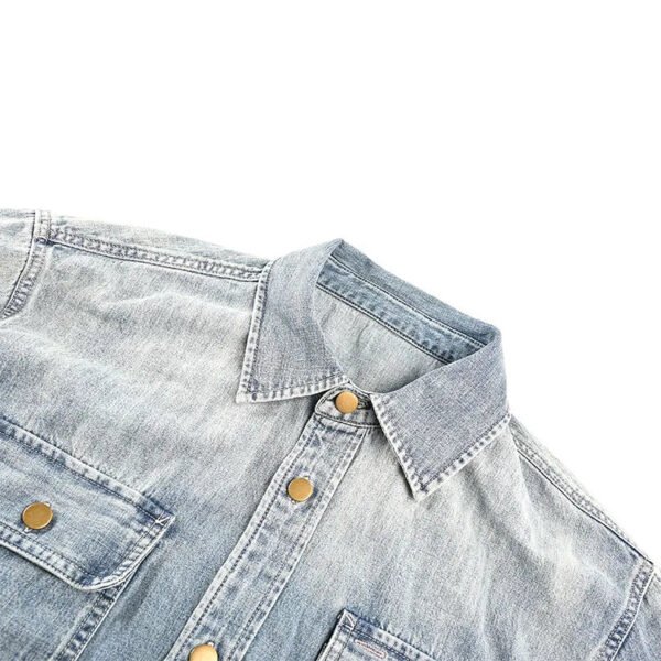 Women'S Loose Fit Breathable 100% Cotton Denim Shirt Multi Pocket Design Long Sleeve Medium Wash Streetwear Style