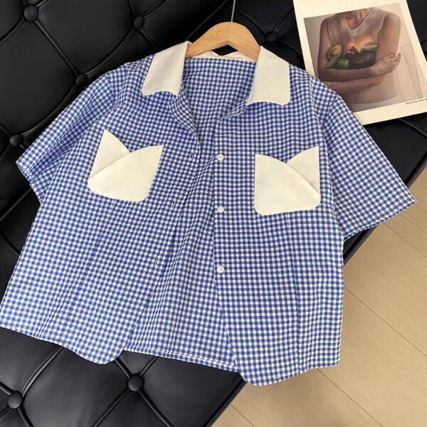 Retro Plaid Short Sleeved Shirt Women Summer College Style Loose Lapel Shirt