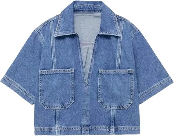 Women'S Cropped Denim Button Shirt Short Sleeve Fashioned Summer Office Casual Top Vintage Style For Winter
