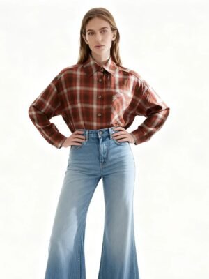 Trendy Retro, Customizable, Plaid Pattern, Relaxed Fit, Chest Pocket Women'S Long Sleeve Shirt For Light Office & Leisure Looks