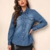 Women'S Slim Fit Oversized Cotton Long Sleeve Denim Shirt Casual Lapel With Button Decoration Soft Washed Women'S Denim