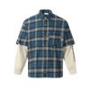 Women'S Double Layer Sleeve Oversize Cotton Plaid Shirt Button Up Casual Style With Embroidery Decoration