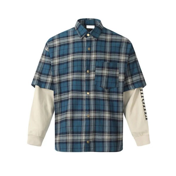 Women'S Double Layer Sleeve Oversize Cotton Plaid Shirt Button Up Casual Style With Embroidery Decoration