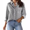 Striped Women'S Loose Fitting Button Down Shirt Casual Woven Long Sleeve Collared Top