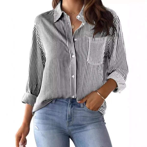 Striped Women'S Loose Fitting Button Down Shirt Casual Woven Long Sleeve Collared Top