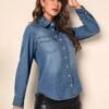 Women'S Slim Fit Oversized Cotton Long Sleeve Denim Shirt Casual Lapel With Button Decoration Soft Washed Women'S Denim
