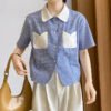 Retro Plaid Short Sleeved Shirt Women Summer College Style Loose Lapel Shirt
