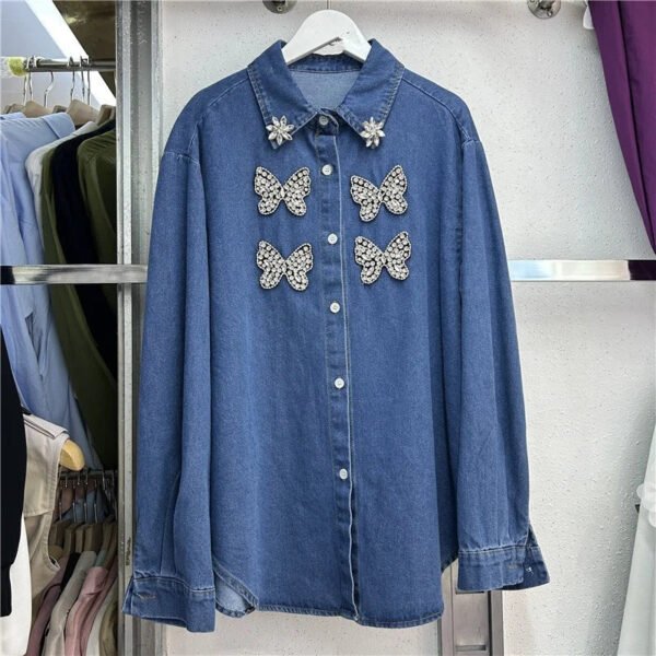 Spring New Denim Women With Diamonds Loose Jacket Casual Shirt