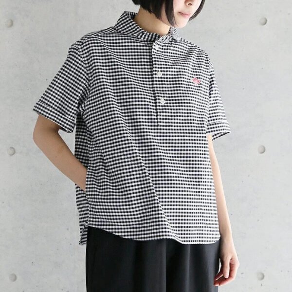 Women'S Smart Casual Plaid Red Shirt With Large Sailor Collar And Short Sleeves For Summer Office Wear