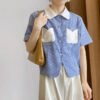 Retro Plaid Short Sleeved Shirt Women Summer College Style Loose Lapel Shirt