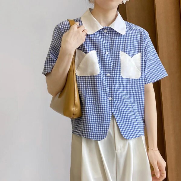 Retro Plaid Short Sleeved Shirt Women Summer College Style Loose Lapel Shirt