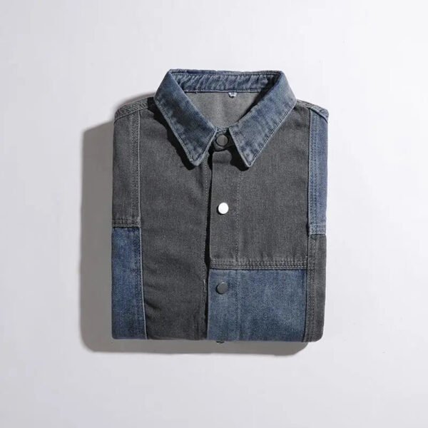 Retro Washed Denim Shirt For Men And Women, Spring And Autumn Design Sense, Niche Patchwork Casual Lapel Workwear Shirt Jacket