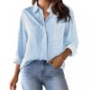 Striped Women'S Loose Fitting Button Down Shirt Casual Woven Long Sleeve Collared Top