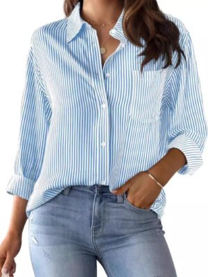 Striped Women'S Loose Fitting Button Down Shirt Casual Woven Long Sleeve Collared Top