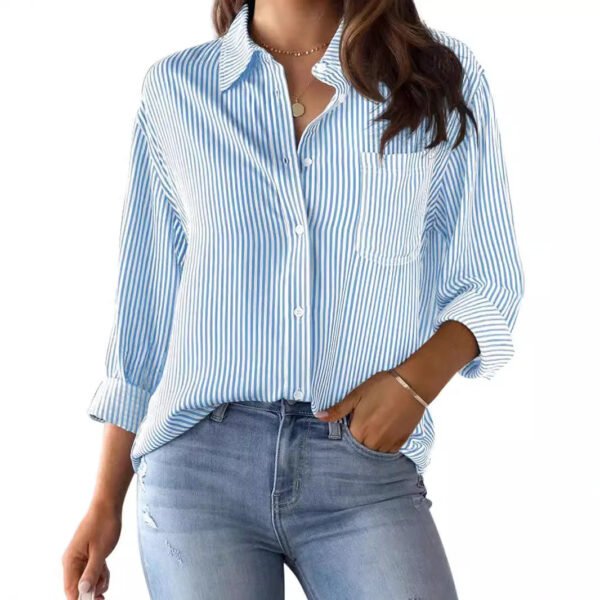 Striped Women'S Loose Fitting Button Down Shirt Casual Woven Long Sleeve Collared Top