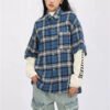 Women'S Double Layer Sleeve Oversize Cotton Plaid Shirt Button Up Casual Style With Embroidery Decoration