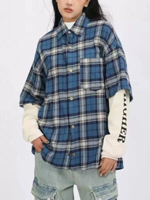 Women'S Double Layer Sleeve Oversize Cotton Plaid Shirt Button Up Casual Style With Embroidery Decoration