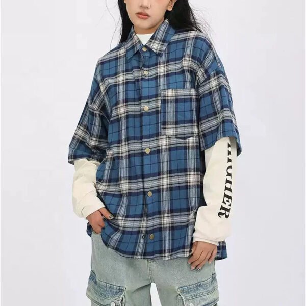 Women'S Double Layer Sleeve Oversize Cotton Plaid Shirt Button Up Casual Style With Embroidery Decoration
