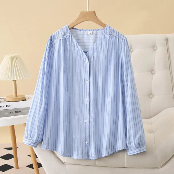 Women'S Striped Print V Neck Plus Size Casual Shirt For Office Commuting Fashionable And Versatile For Spring Season