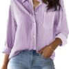 Striped Women'S Loose Fitting Button Down Shirt Casual Woven Long Sleeve Collared Top