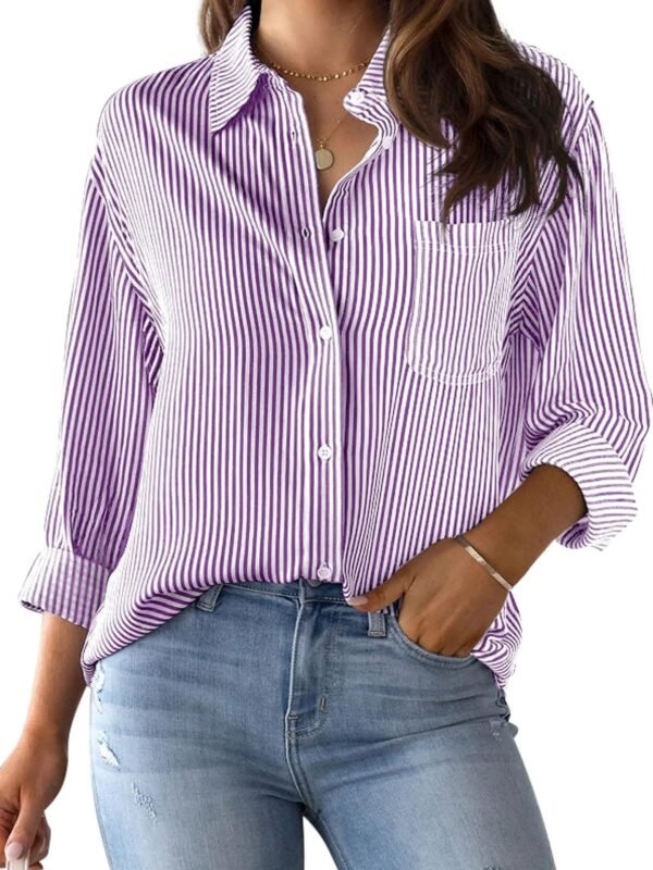 Striped Women'S Loose Fitting Button Down Shirt Casual Woven Long Sleeve Collared Top
