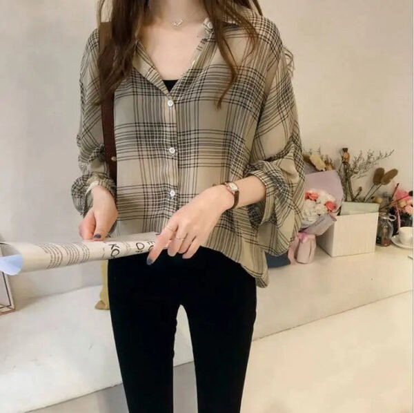 Women Loose Plaid Print Irregular Hem Long Sleeve Lapel Button Casual Shirt Tops