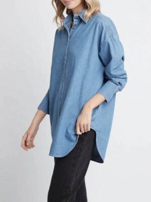 New Women'S Oversized Denim Shirt Long Sleeve Lightweight Fabric Top Ladies Casual Denim Blouse
