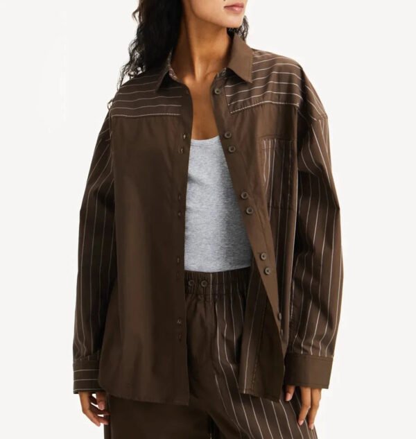 Hot Sale Women'S Brown Striped Patchwork Shirt Loose Fit Button Down Casual Office Blouse