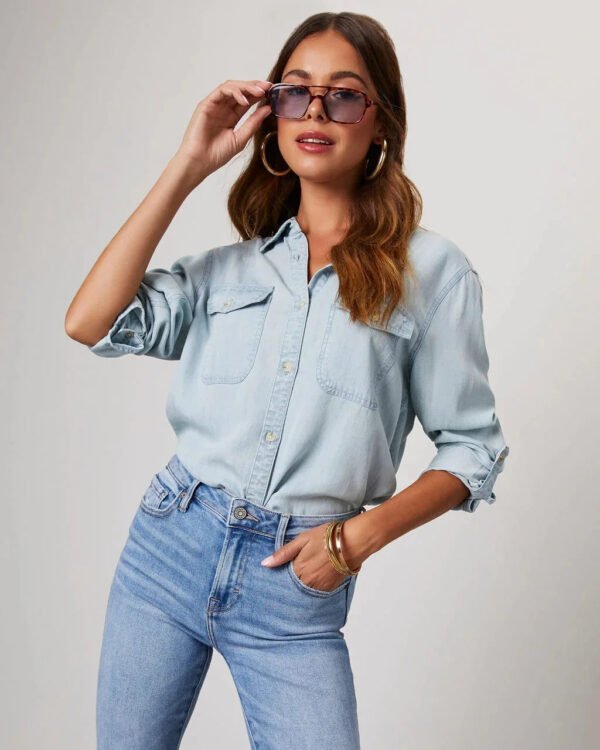 Autumn Women'S Casual Turn Collar Single Breasted Pure Color Long Sleeve Denim Shirt Fashionable Trendy Commuting Denim Top